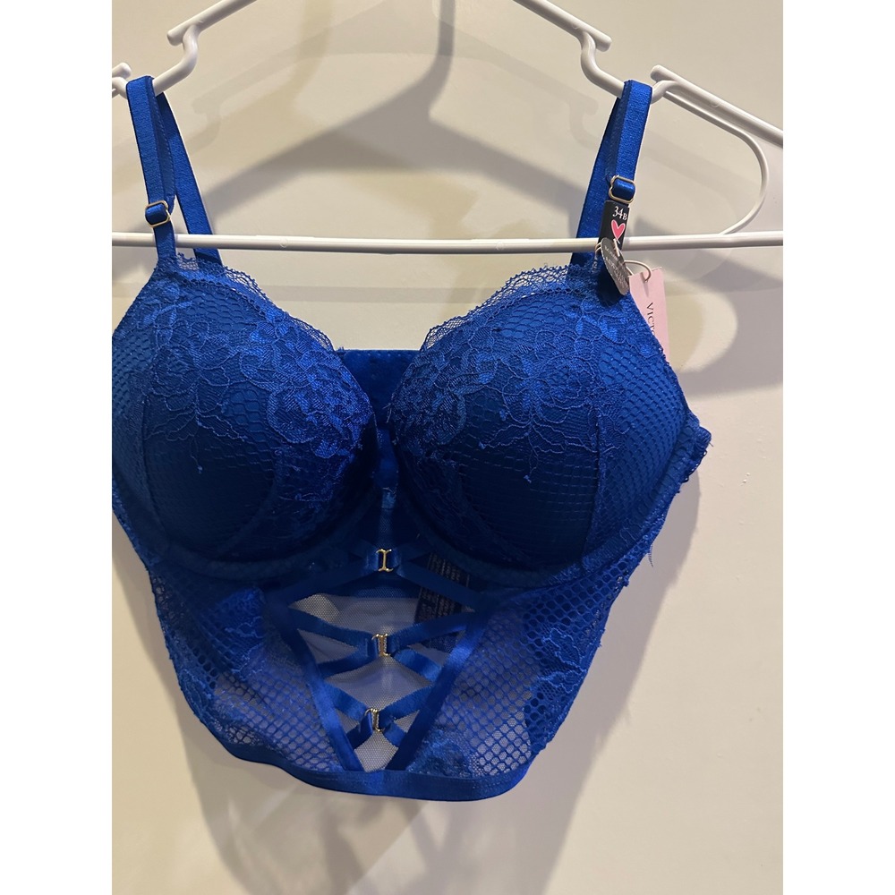 Victorias Secret Bombshell Add 2 Cups Push Up Longline Bra Blue Lace 34B NEW